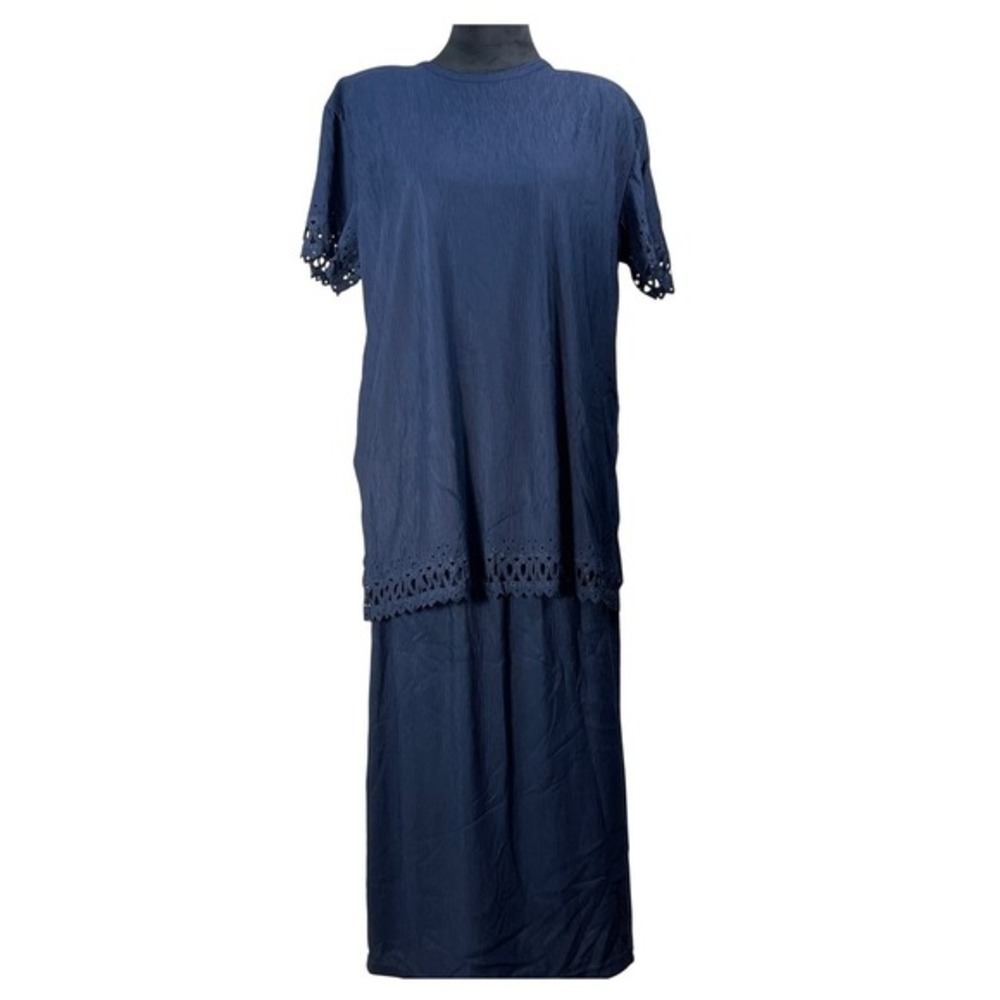 Superline USA Vintage Navy Blue Crinkle 2pc Skirt Set Eyelet coastal‎ grandma